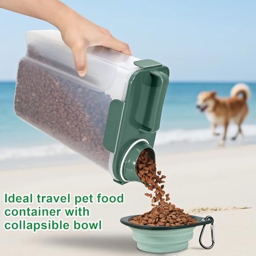 5 Lbs Travel Dog Food Storage Container with Collapsible Dog Bowl (Dark Green 6Qt)