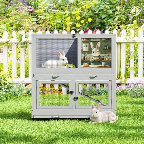 2 Story Wooden Rabbit Hutch for Outdoor & Indoor