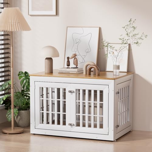 42" Heavy Duty Dog Crate Furniture for Large (42.1"L x 28.7"W x 28.5"H / White+Wood)