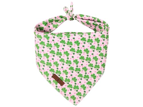 St. Patrick's Day Dog Bandana Washable Cotton Pink Handkerchief Scarf Triangle Clover Bandana for Medium Large Dogs Girl Boy (St. Smile Clover / Large (Pack of 1))