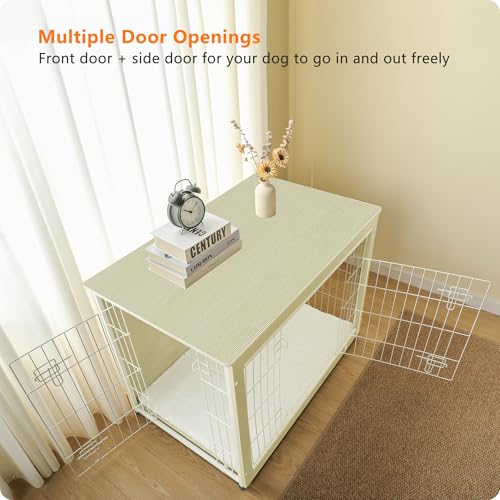 38.5" XL Dog Crate Furniture with Cushion (White Oak / 38.5"L x 25.6"W x 26.8"H)