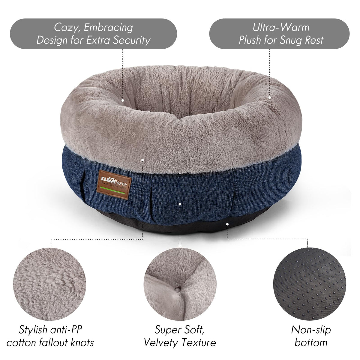 Home Calming Soft Plush Donut Cat Bed (Denim Grey / 20"L x 20"W x 8"Th)