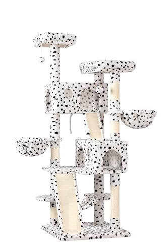 65in Multi Level Large Cat Tree Tower for Indoor Kitties (White & Black Spot)