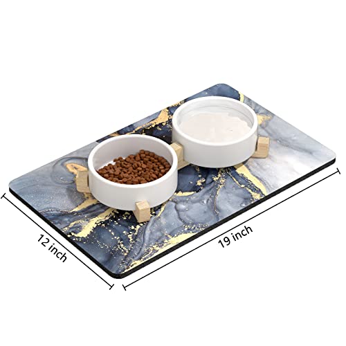 Dog Food Mat 12" x 19" Marble Absorbent Dog Cat Bowl Mat for Food and Water (Grey Gold Mable / 12"L x 19"W)