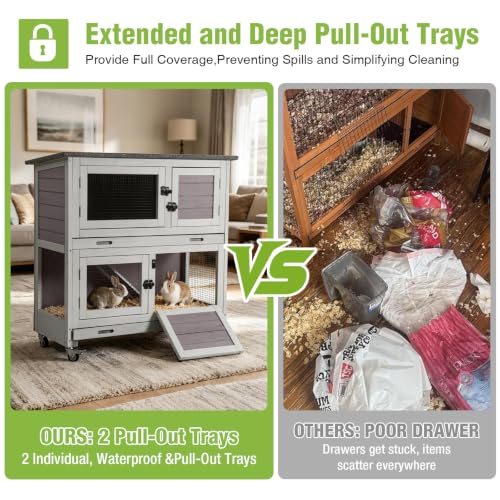 2 Story Rabbit Hutch on Wheels Indoor Outdoor Bunny Cage with Run (Gray-Small)