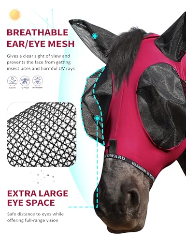 Horse Fly Mask with Forelock Opening Stretch Breathable and Comfortable for Horses UV (Burgundy / L)