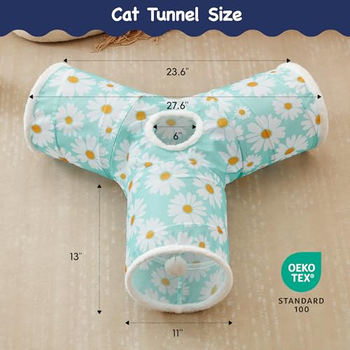 Cat Tunnel, 3-Way Collapsible Toy for Indoor Cats, Daisy Blue (Daisy Blue Printed / Small)