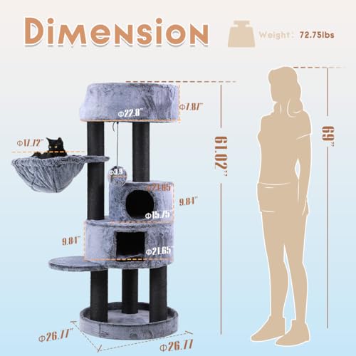 Modern Cat Tree for Indoor Cats Large Adults (61-inch Blue-grey)