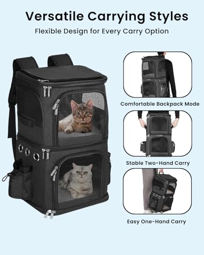 Double Cat Carrier Backpack for 2 Cats or Small Dogs (14.6"L x 11.2"W x 21.6"H / Black)