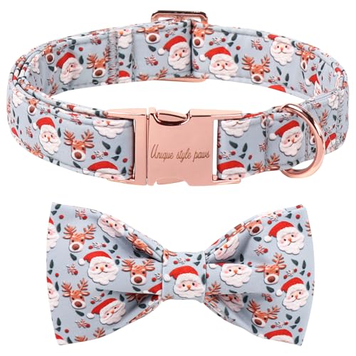 Christmas Dog Collar with Bow Elk Christmas Man Cotton Puppy Collars for Small Medium Large Dogs (Medium / Elk Old Man)