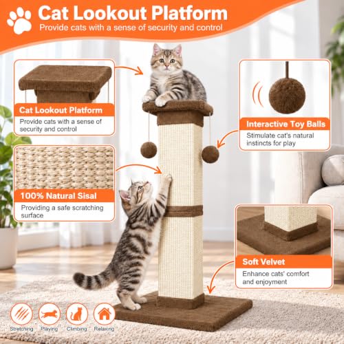 Cat Scratching Post 33 Inch Nature Sisal Cat Scratch Post for Indoor Cats (Brown)