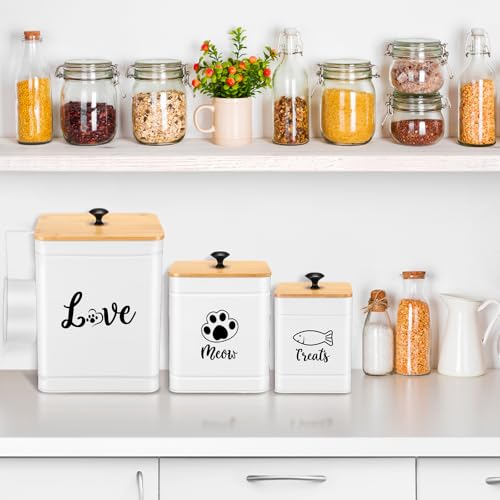 Metal Airtight Cat Food Containers Set of 3 with Bamboo Lids and Spoon 7+3+2 Lbs Cat Treat Storage Container Countertop with DIY Labels Pet Cookie Organizer Jars for Kitchen Counter (White)