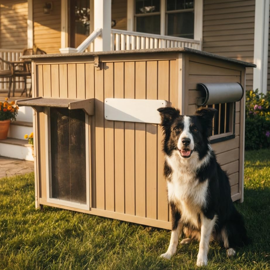 Dog House Outdoor Weatherproof & Wooden Dog Kennel with Chew (43" L x 30" W x 33" H)