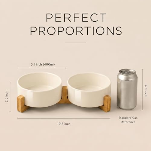 Ceramic Dog and Cat Bowl Set with Wooden Stand (1.7 cups / Beige × 2)
