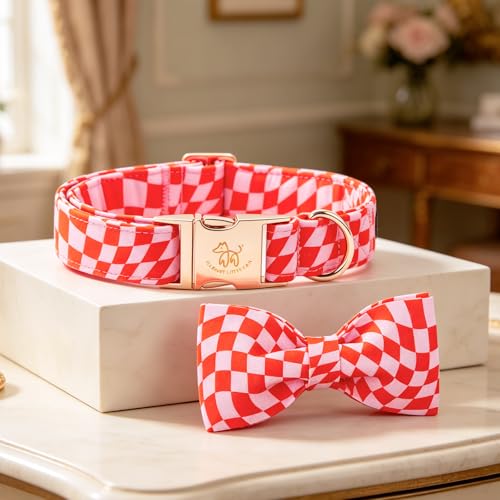 Pink Checked Dog Collars with Bow (Pink Checked / Small (Pack of 1))