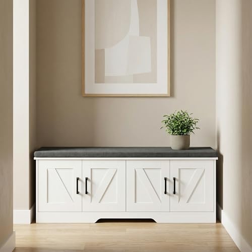 Farmhouse Shoe Storage Bench with 4 Barn Doors & Padded Seat Cushion (White / 47.2" Wide)