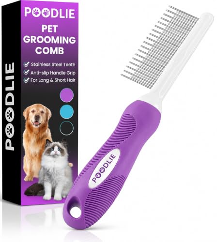 Poodle Pet Detangling Pet Comb with Long & Short Stainless Steel Teeth for Removing Matted Fur (Purple / Detangling Pet Comb)