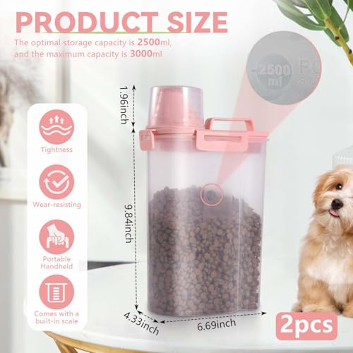 2 Pack 2.5lb Pet Food Storage Container with Measuring Cup (pink & pink)