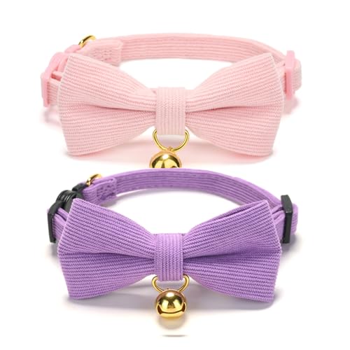 2 Pack Soft Corduroy Cat Collars with Bow Tie & Bell Adjustable Breakaway Kitten Bowtie Collar for Girl Cats (S:Neck 7.0" - 11.0" / Corduroy-Pink Purple)