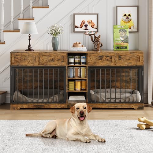 82" Double Dog Crate Furniture with Drawers and Shelves (Brown / 81.9"L x 23.6"W x 33.5"H)