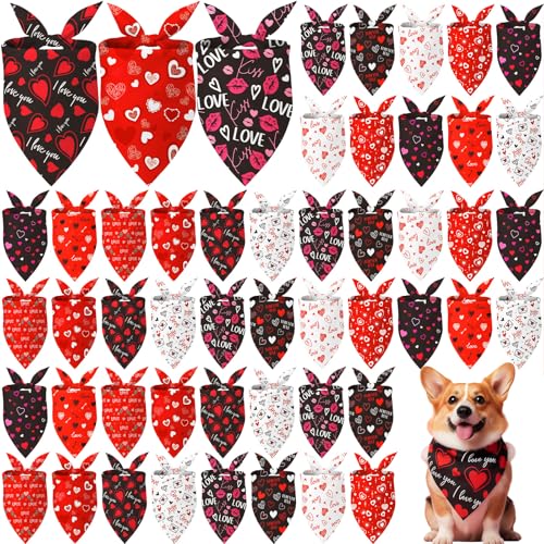 50 Pcs Valentine's Day Dog Bandanas Bulk for Dogs Soft Bibs Adjustable Triangle Heart Lips Bandana for Small Medium Large Pet Costume (Valentine / 25.6 x 17.7 x 17.7 Inch)