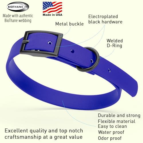 Biothane Waterproof Dog Collar Strong Coated Nylon Webbing with Black Hardware Odor (W5/8" x L12-15" / Blueberry Royal)