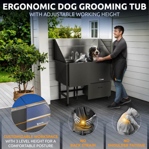 Professional Dog Washing Station 304 Stainless Steel Pet Wash Sink (Black, Left Ramp, 1 Drawer / 50 Inches)