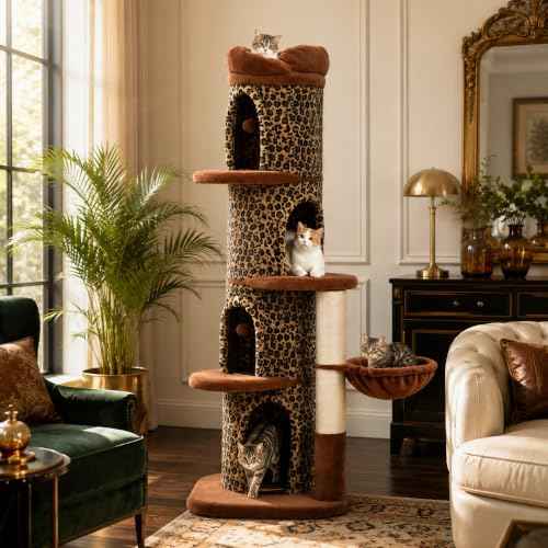 68.5" Leopard Print Cat Tree Tower with 4 Condos & Hanging Hammock (Classic Leopard Print / 69" Forest Cat Tree)