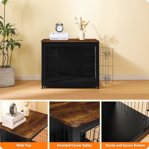 32.5" Dog Crate Furniture with Cushion (Black+Rustic Brown / 32.5"L x 21.9"W x 25.6"H)
