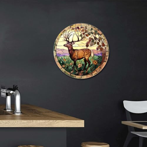 Metal Sign Tin Sign Circular Stained Glass Deer Metal Sign for Club 12×12 Inches (12×12 Inches / Deer-1)