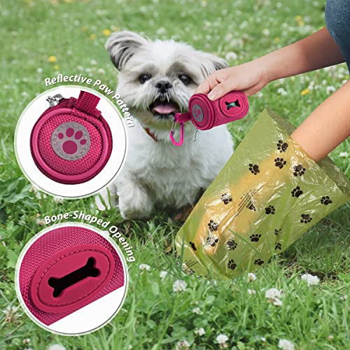 Dog Poop Bag Holder for Leash with Carabiner Clip Soft Fabric (Rose Red)