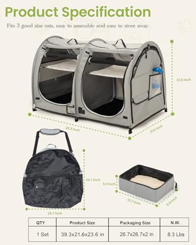 Portable Twin Compartment Show House Cat Cage Condo (Gray)