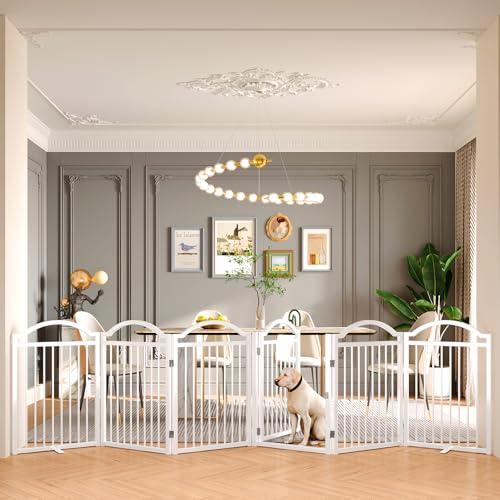 Metal No Assembly Freestanding Dog Gate with Door Walk Through (White C / 6 panels 144"W*32"H HYG)