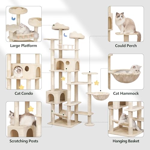 79 Inch Tall Cat Tree Tower for Large Indoor Adult Cats (Beige)