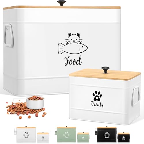 2 Pcs Large Metal Cat Food Storage Containers 12+3.5 Lbs Decorative Pet Treat Snack Jars Airtight Bamboo Lids & Dry Food Scoop for Farmhouse Kitchen Counter Decor (White)