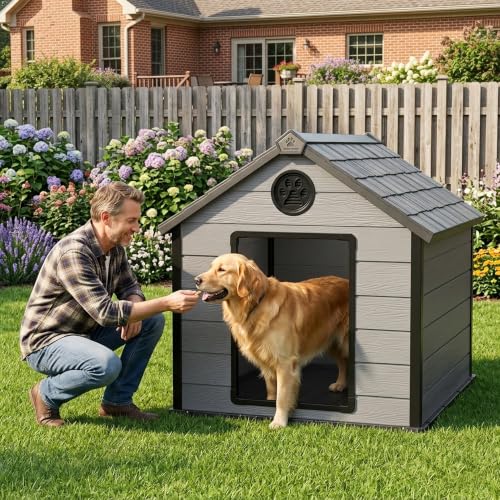 Extra Large Waterproof Plastic Dog House for Big Dogs (Black&Gray / 41.34*45.87*42.17)
