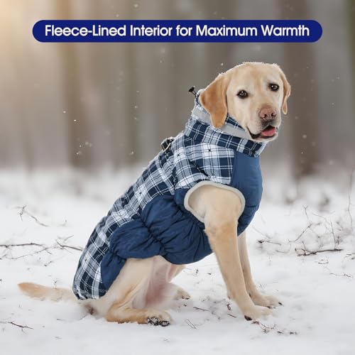 Dog Cold Weather Coats Reflective Dog Warm Jacket with Harness (Blue Plaid / M(chest:21in))