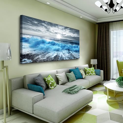 Framed Wall Art For Living Room Large Canvas Wall Decor For Office Blue Beach Painting Ocean Sea Waves Wall Pictures Bedroom Home Decorations Prints Posters Mural Artwork Ready to hang (48"L x 24"W / Blue Beach Ocean Painting)