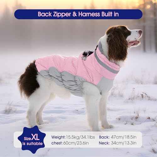 Dog Cold Weather Coats Reflective Dog Warm Jacket with Harness (Pink / XXL(chest:35in))