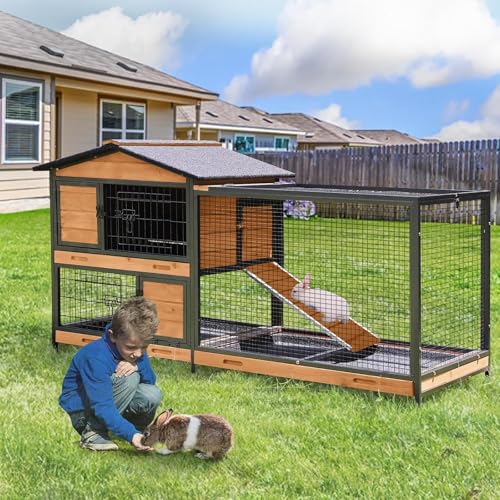Rabbit Cage Indoor Rabbit Hutch with Matel Frame and Pull Out Tray (Wood)