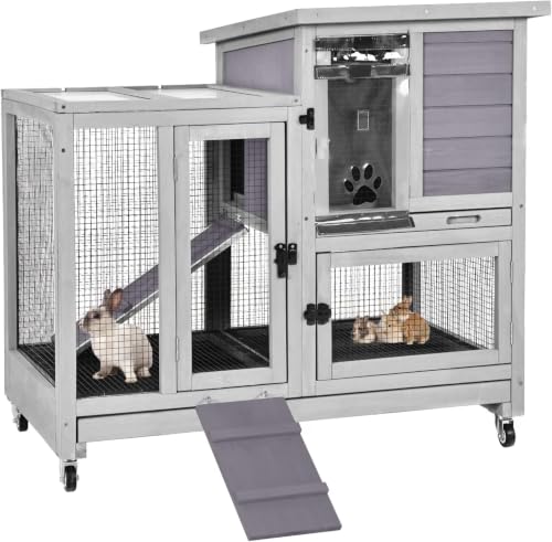 Rabbit Hutch Mobile Bunny Cage Indoor with Run Rabbit House for Small (40.6"L x 26.0"W x 37.6"H)