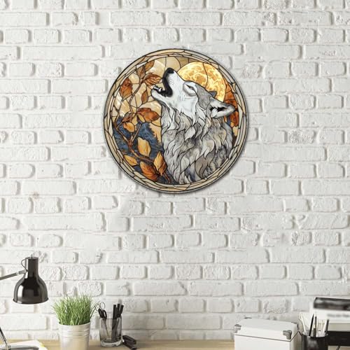 Metal Sign Tin Sign Circular Stained Glass Gray Wolf Bathroom Signs for Home for Club 12×12 Inches (12×12 Inches / Gray Wolf-2)