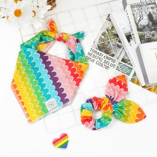 Rainbow Dog Bandanas & Matching Scrunchie Set Girl Cute Pride Dog Scarf Bibs Pet Bandana with Bow Tie for Medium Large Dogs Owner Mom Summer (rainbow-02 / Large-set of 1)