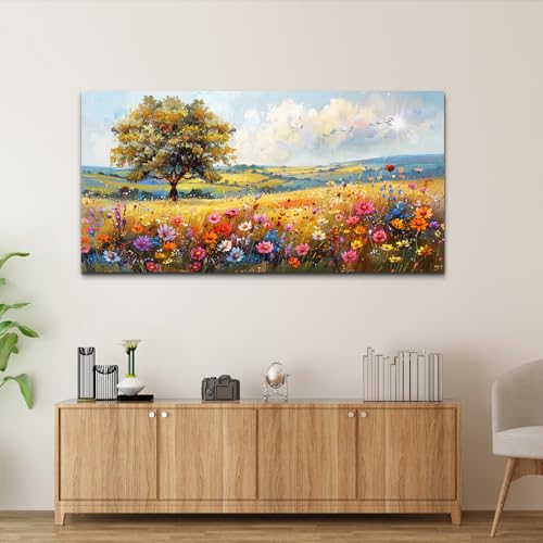 Large Wall Art For Bedroom Canvas Wall Decor For Living Room Office Decorations Flower Scenery Watercolour Wall Paintings Field Pictures Artwork Aesthetic Room Home Decor Hang Easy (48"L x 24"W / Field Landscape)