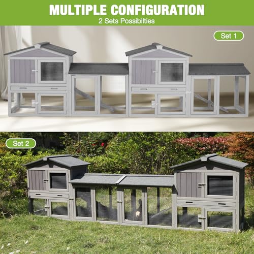 Chicken Coop Hen House with Run Outdoor Rabbit Cage Indoor Bunny Hutch with Waterproof Roof Poultry Cage (Gray / 57.02"L x 21.3"W x 33.4"H)