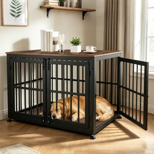 42 Inch Dog Crate Furniture for Large Medium Dogs (Black + Rustic Brown / 42.1"L x 28.2"W x 29.7"H)