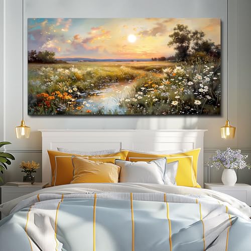 Large Canvas Wall Art for Living Room Wall Decor Bedroom Vintage Farmhouse Wildflower Wall Painting Office Decorations Nature Landscape Picture Artwork Aesthetic Home Decor Ready To Hang (60"L x 30"W / Rural Scenery)