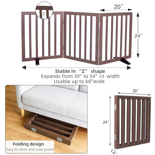 Freestanding Indoor Dog Gate for House Foldable Wood Puppy Gate for Doorways Pet Gate for Stairs Extra Wide Pet Fence (Brown / 【3 Panels】60''w x 24''h)