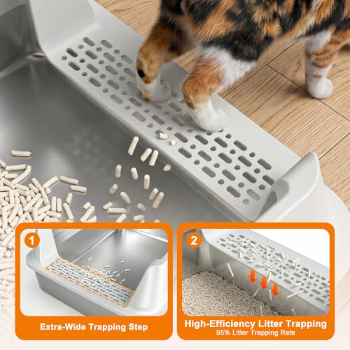 Stainless Steel Litter Box 2 Pack Metal Cat Litter Boxes with Lid (Silver Grey / Large)