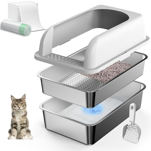 Stainless Steel Sifting Litter Box with Lid for Pine Pellets (Medium)